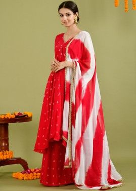 Red Readymade Bandhani Printed Flared Palazzo Suit