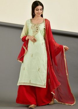 Readymade Green Embroidered Palazzo Style Suit