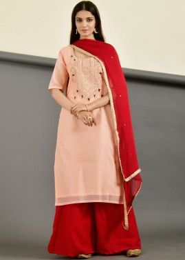 Peach Embroidered Readymade Palazzo Suit In Chanderi
