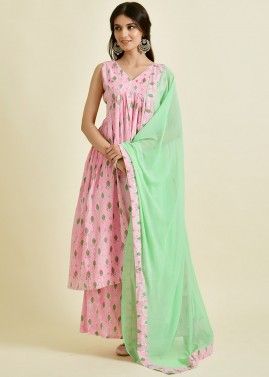 Readymade Pink Printed Palazzo Suit Set In Cotton