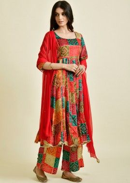 Multicolored Readymade Palazzo Suit In Bandhej Print