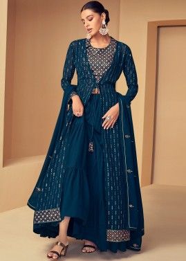 Blue Thread Embroidered Sharara Suit With Dupatta
