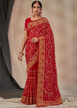 Red Georgette Saree In Zari Embroidery