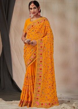 Orange Resham Embroidered Saree In Georgette