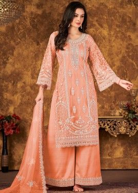 Peach Thread Embroidered Palazzo Suit In Net