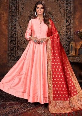 Readymade Peach Anarkali Suit With Woven Dupatta