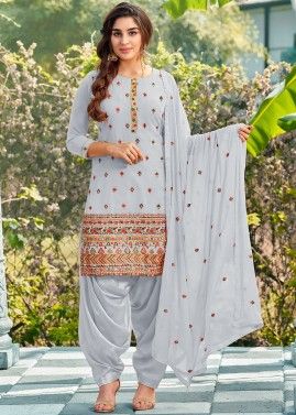 Grey Thread Embroidered Georgette Patiala Suit