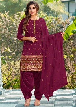 Magenta Patiala Suit With Thread Embroidery