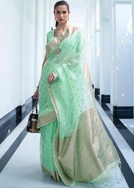 Green Woven Viscose Saree With Blouse