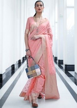 Peach Viscose Saree With Woven Blouse