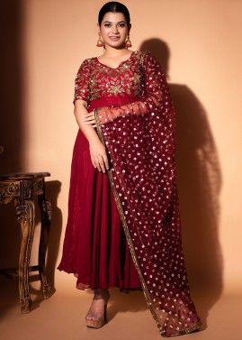 Readymade Maroon Sequinned Anarkali Suit With Dupatta