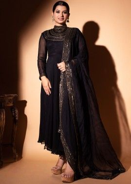 Readymade Black Sequins Embellished Anarkali Suit