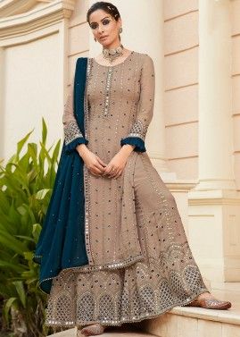 Beige Embroidered Palazzo Style Georgette Suit