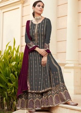 Grey Embroidered Georgette Palazzo Suit
