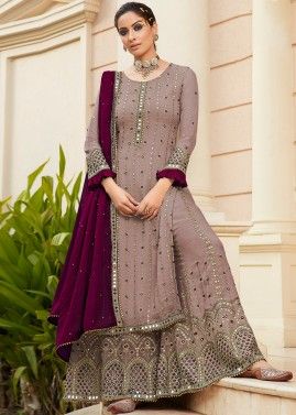 Pink Embroidered Georgette Palazzo Suit & Dupatta