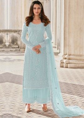 Blue Embroidered Straight Cut Palazzo Suit