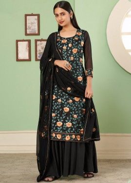 Black Floral Embroidered Palazzo Style Suit