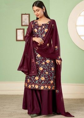 Maroon Palazzo Style Suit In Thread Embroidery