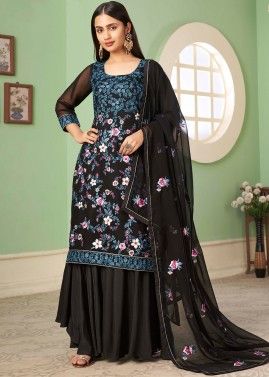 Black Thread Embroidered Straight Cut Palazzo Suit