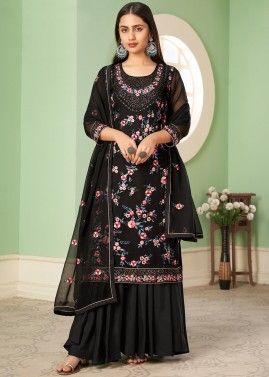 Black Embroidered Georgette Palazzo Suit Set 