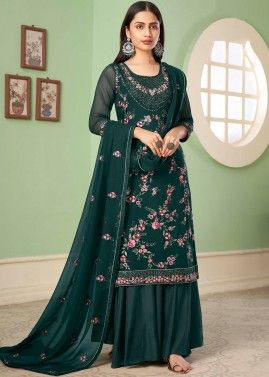 Green Embroidered Palazzo Style Suit In Georgette