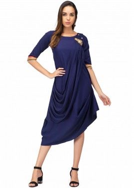 Navy Blue Cowl Style Readymade Dress