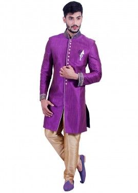 Purple Art Silk Readymade Sherwani With Churidar