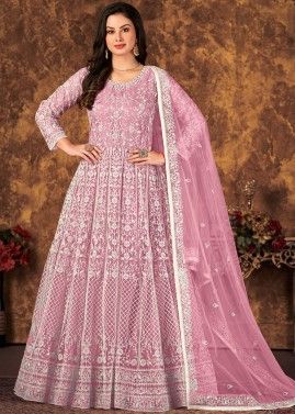 Pink Dori Embroidered Abaya Style Suit In Net