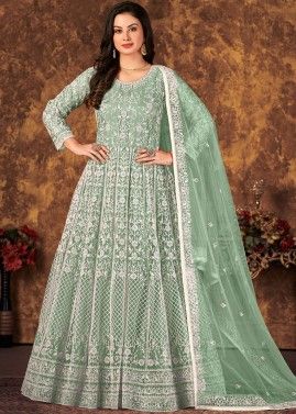 Green A Line Anarkali Suit With Dori Embroidery