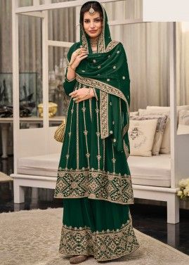 Green Zari Embroidered Sharara Suit In Georgette