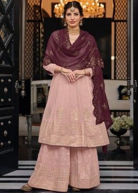 Pink Georgette Sharara Suit With Zari Embroidery