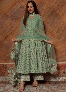 Green Readymade Hand Block Print Anarkali Suit Set