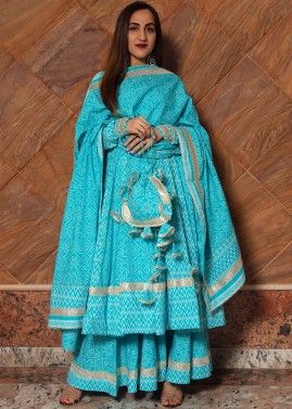Blue Readymade Bandhej Print Anarkali Suit Set