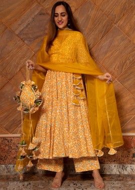 Yellow Readymade Printed Angrakha Suit Set 