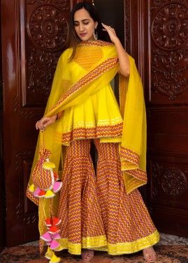 Yellow Readymade Printed Sharara Set With Dupatta 