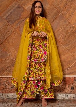 Yellow Readymade Floral Printed Palazzo Suit Set 