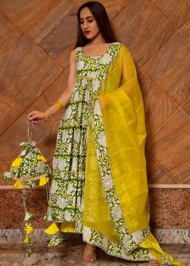 Green Readymade Floral Print Anarkali Suit With Dupatta 