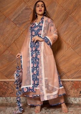 Blue Readymade Floral Print Anarkali Suit With Dupatta