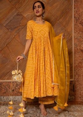 Yellow Readymade Bandhej Printed Anarkali Suit Set 