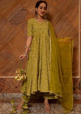 Green Readymade Bandhani Printed Anarkali Suit 