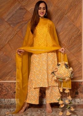 Yellow Readymade Floral Printed Suit With Dupatta