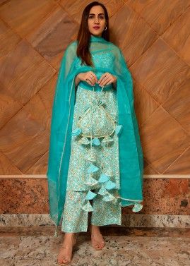 Blue Readymade Floral Suit Set With Dupatta