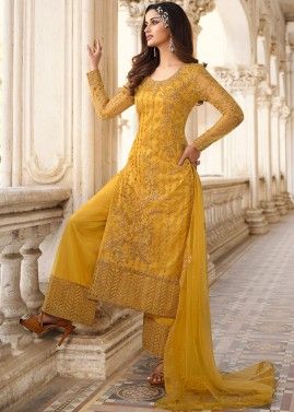 Yellow Net Embroidered Plazzo Suit With Dupatta