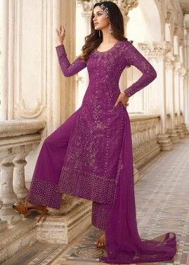 Magenta Stone Embroidered Plazzo Suit With Duptta 