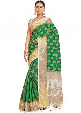 Green Kanjivaram Silk Saree With Woven Details