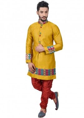 Yellow Art Silk Readymade Sherwani With Breeches