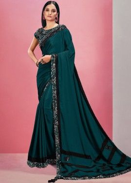 Green Sequined Border Georgette Saree