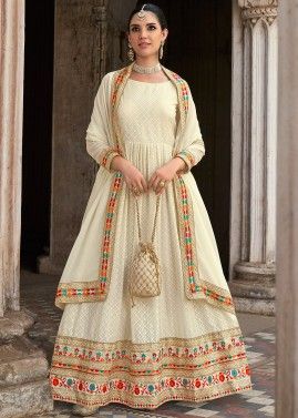 Off White Embroidered Anarkali Suit In Georgette