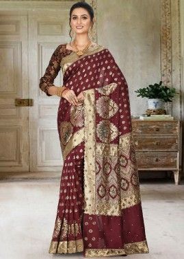 Maroon Woven Saree With Embroidered Border