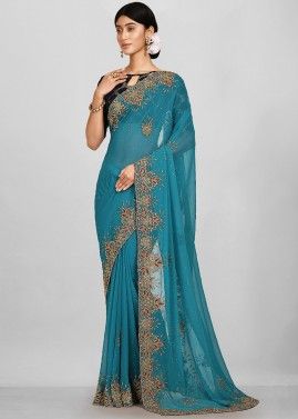 Blue Stone Embellished Saree In Georgette